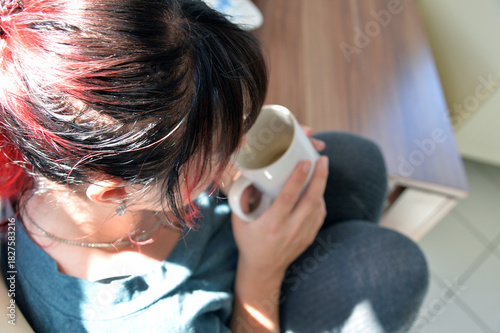 Εκτύπωση καμβά frau, kaffee, cup, cha, becher, schönheit, trinken, cafe, heiss, leute, halten,