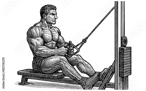 Detailed hand-drawn bodybuilder exercising with rowing machine in gym