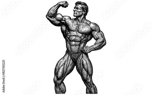 Detailed engraving of a muscular bodybuilder in classic pose