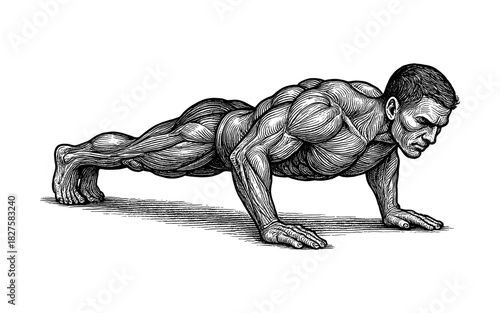 Intricate engraving style muscular man performing classic push up exercise
