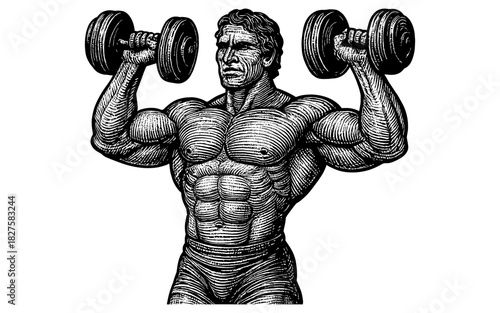 Vintage engraving style bodybuilder lifting weights in detailed black and white art