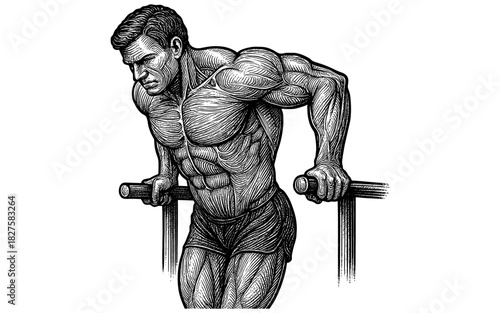 Muscular man performing dips in detailed black and white engraving style