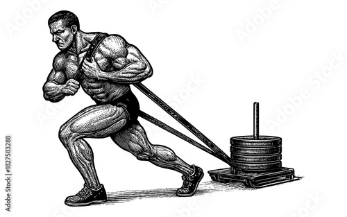 Strongman pulling heavy weight sled in detailed black and white engraving style