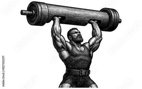Retro style strongman lifting heavy barbell with determination and strength
