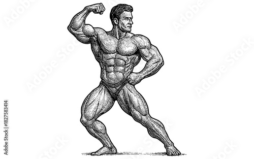 Classic bodybuilder posing in detailed engraving style artwork