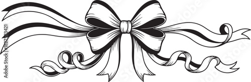 Ribbon bow with knot for gift and hair. Icon and doodle black silhouette. Hand drawn flat design for birthday and Christmas holidays.eps