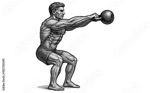 Engraving style muscular man performing kettlebell swing
