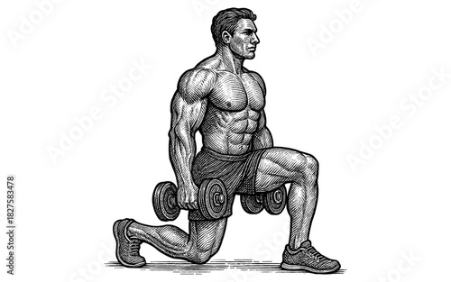 Detailed engraving style fitness illustration of man performing dumbbell lunges