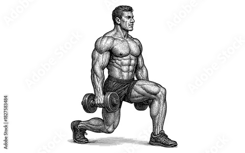Athletic male doing dumbbell lunge exercise engraving style fitness artwork