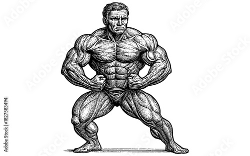 Detailed engraving of a bodybuilder in classic pose: muscular art focus