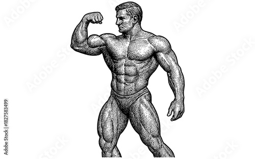 Muscular male bodybuilder showing strength in detailed engraving style