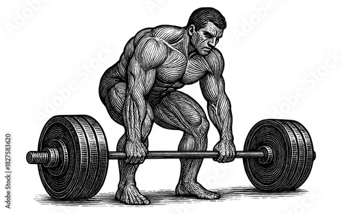 Hand-drawn bodybuilder lifting weights: detailed black and white artwork