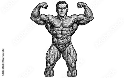 Detailed strongman in vintage etching pose: muscular physique in classic design