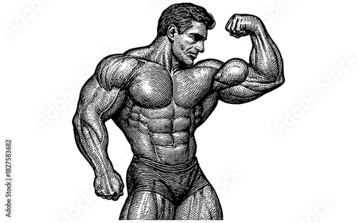 Muscular male bodybuilder in classic engraving art style