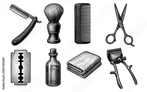 Vintage barber tools collection: classic grooming equipment in retro design