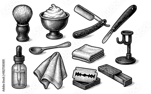 Vintage shaving tools and accessories in retro ink style for grooming enthusiasts