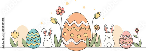 Whimsical hand drawn easter eggs nestled amongst colorful spring flowers and foliage creating a festive and joyful celebration of the holiday season