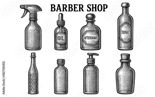 Vintage barbershop bottle collection with intricate engravings