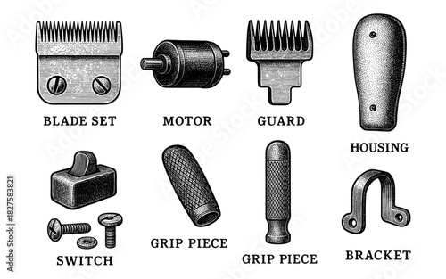 Vintage barber tools collection featuring engraved clipper parts and accessories in detailed retro style
