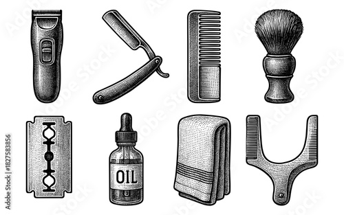 Vintage grooming tools set with classic barber accessories in detailed engraving style