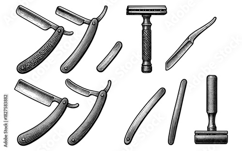 Vintage barber tools collection: retro razors and blades in engraved style