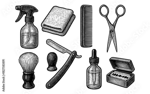 Vintage barber tools: engraved style scissors, razor, comb, shaving brush, hair accessories