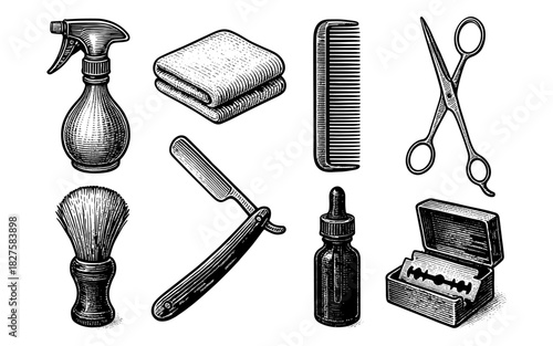 Vintage barber tools set with decorative shaving accessories and hair styling equipment