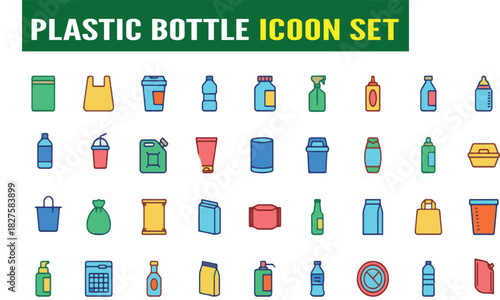 Plastic Packaging and Bottle Vector Icon Set: Colorful and Black Line Art Symbols for Recycling, Retail, Liquid Containers, and Waste Management