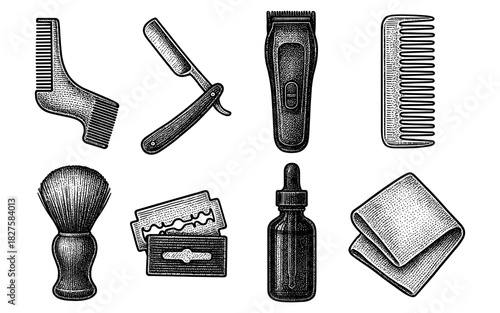 Vintage barber tools set: retro grooming and shaving elements in engraved style