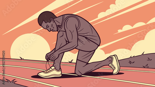 Runner tying shoelaces on track preparing for race athletic performance sports and fitness training exercise