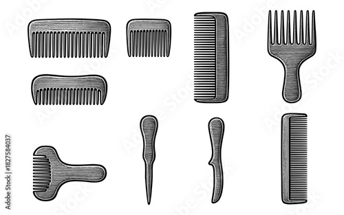 Vintage hand-drawn combs collection: variety of classic comb designs