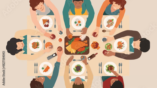 A top-down illustration captures a diverse group sharing a festive meal around a table, celebrating togetherness and culinary delights.