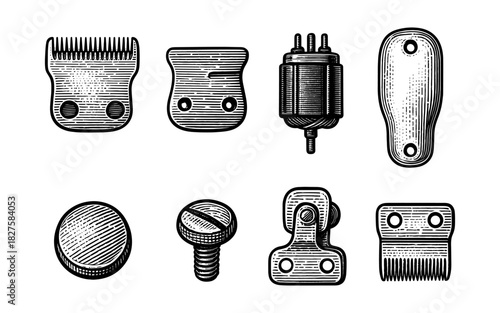 Vintage barber tools sketch: classic hair clipper components in engraved style