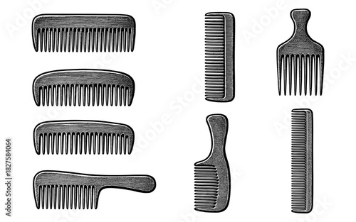 Vintage set of hand drawn combs with detailed line art