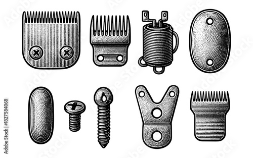 Vintage engraved barber tools and mechanical components set