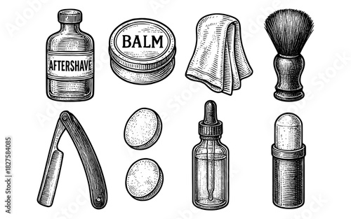 Vintage barber tools set: classic shaving essentials in retro engraving style