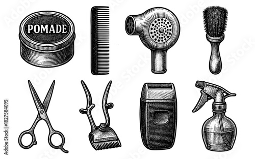 Vintage barber tools collection featuring hair dryer, pomade, and scissors in engraved style