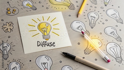 Overhead drawing showing diffuse light beam concept with lightbulb