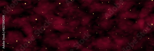 Mystic burgundy mist seamless bg with golden stars. Magic sky and smog or mysterious fog. Violet vapour with golden sparks. Vector illustration with gradient mesh and overlay effects.