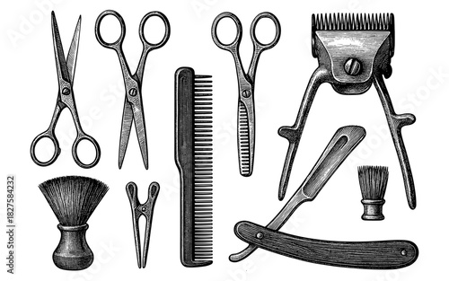 Vintage barber tools engraving with scissors, razor, and comb for retro salon decor