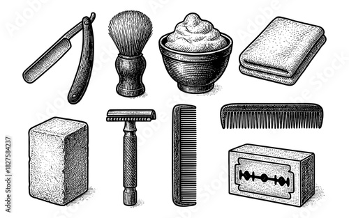Vintage barber tools set: shaving brush, razor, comb, and more in engraved style