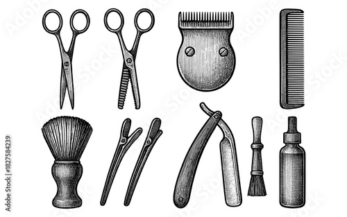 Vintage barber tools collection featuring scissors, razor, and comb