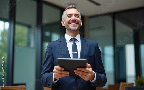 Happy middle aged business man ceo wearing suit standing in office using digital tablet. He rejoices at the good news from the stock exchange. High quality