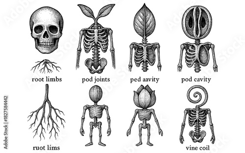 Surreal botanical skeletons with plant anatomy in ink style