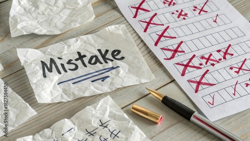 Overhead flat lay of mistake labels and cross outs on paper
