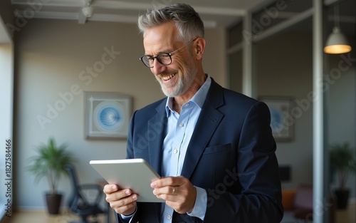 Happy middle aged business man ceo wearing suit standing in office using digital tablet. Smiling mature businessman professional executive manager looking away thinking working on tech device