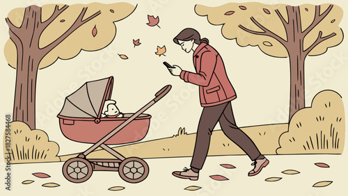 Woman walking with baby stroller using phone in autumn park illustration vector art design graphic image