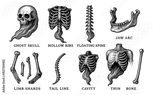 Detailed anatomy sketches: skulls, ribs, and bones with gothic style