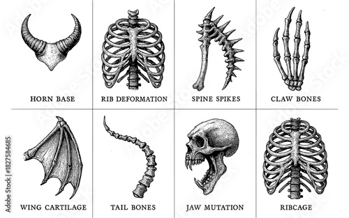 Detailed anatomical mutations of fantasy creature skeletons in vintage style