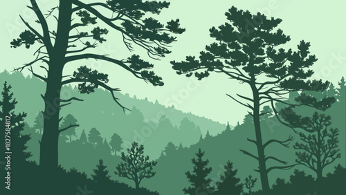 Green forest landscape illustration with trees and mountains nature scenery background vector design